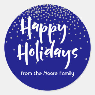 White Happy Holidays w/ Navy & Silver Confetti Classic Round Sticker