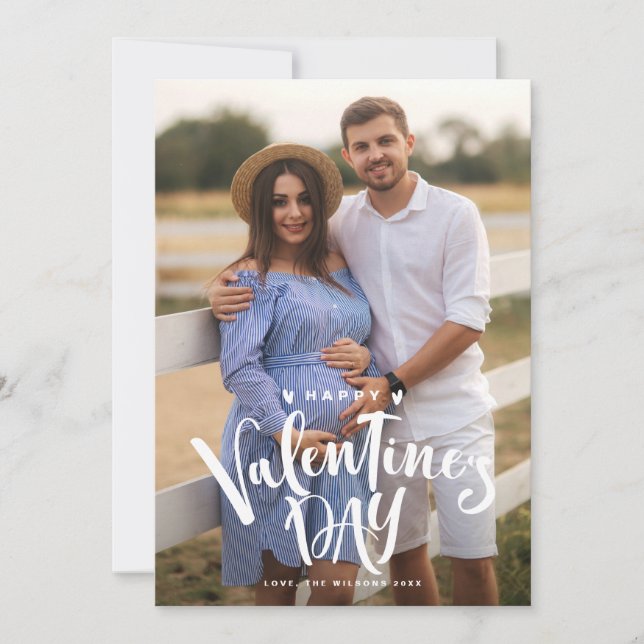 White Happy Valentine's Day Lettering Photo Holiday Card (Front)