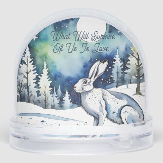 White Hare in the snow and pine trees, I Love You  Snowglobe