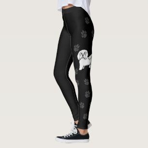 White Havanese Cute Cartoon Dog With Paw Prints Leggings