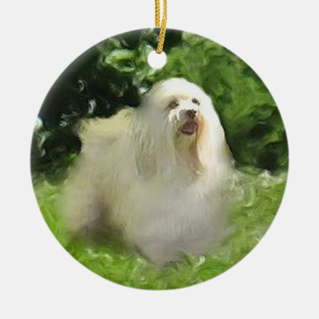 White Havanese on Porcelain Holiday Ornament (Front)