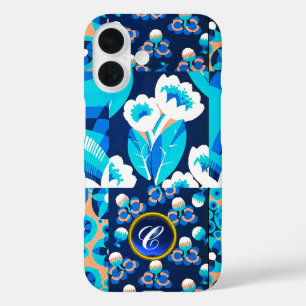 WHITE HAWAII BLUE FLOWERS BOLD FLORAL GEM MONOGRAM iPhone 16 CASE