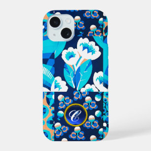WHITE HAWAII BLUE FLOWERS BOLD FLORAL GEM MONOGRAM iPhone 15 CASE