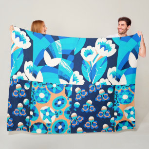 WHITE HAWAII BLUE FLOWERS BOLD FLORAL PATCHWORK FLEECE BLANKET