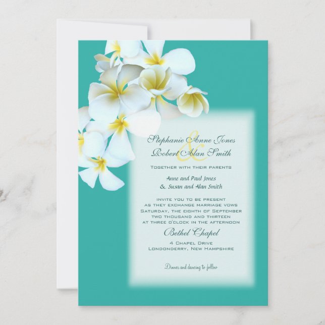 White Hawaiian Flowers Lagoon Blue Wedding Invite (Front)