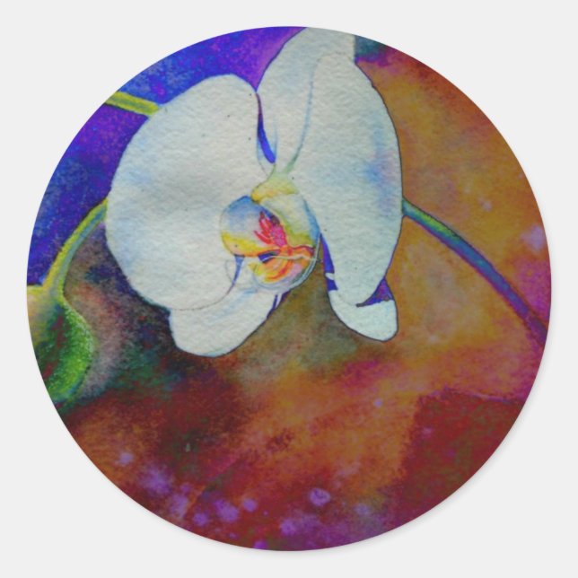 White Hawaiian orchid watercolor painting Classic Round Sticker (Front)