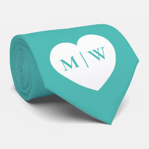 White heart Custom initials names Wedding on Teal  Tie