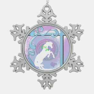 White Heart Horses V Holiday (Pink/Lav Swirl/Wind) Snowflake Pewter Christmas Ornament