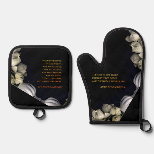 "White heart in black from moon" & Indifference Oven Mitt & Pot Holder Set (Front)