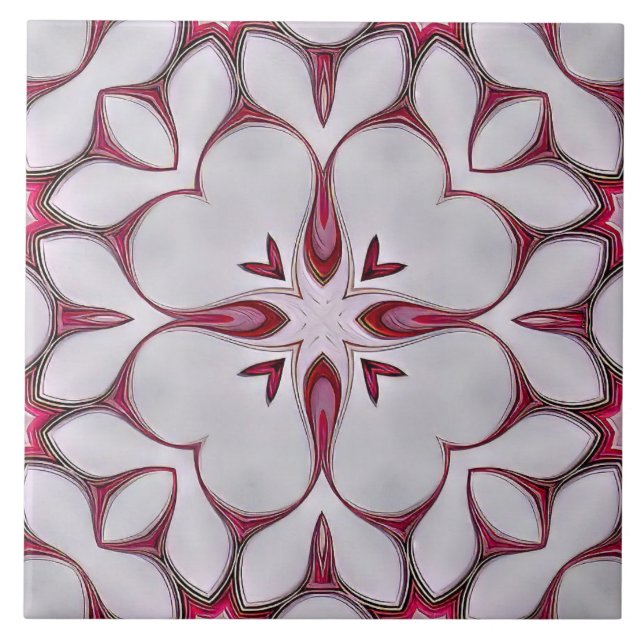 White Heart Modern Flower on Red Tile (Front)