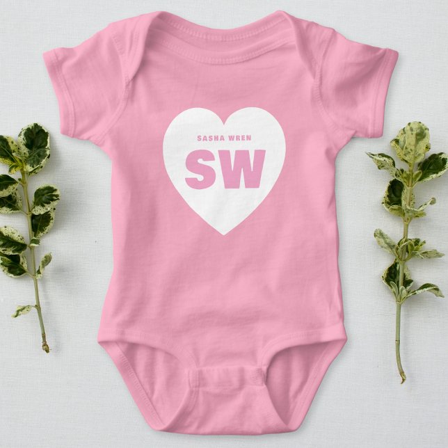 White Heart Monogram Newborn Pink Outfit Custom Baby Bodysuit (Creator Uploaded)