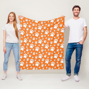 White Heart Paw Print Pattern on Orange Fleece Blanket