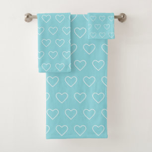 White Heart Silhouettes on Light Turquoise Bath Towel Set