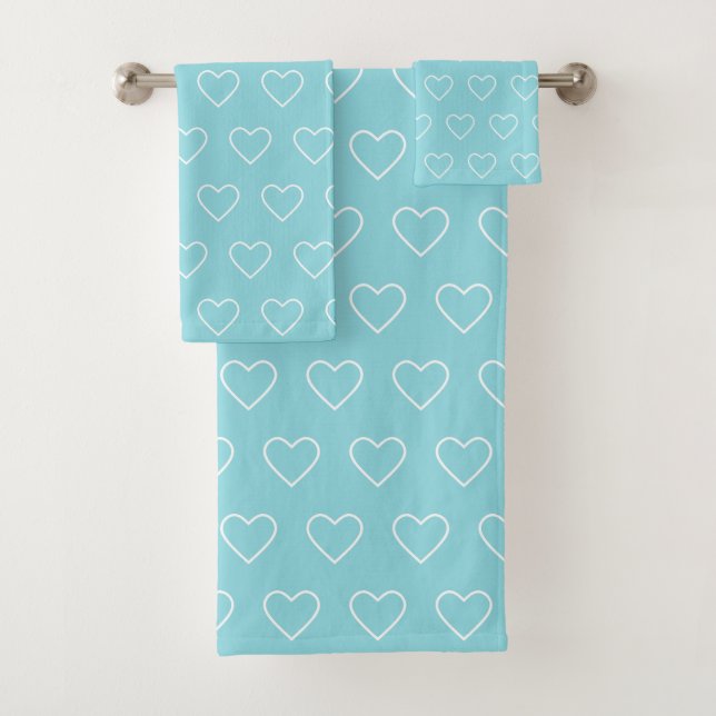 White Heart Silhouettes on Light Turquoise Bath Towel Set (Insitu)