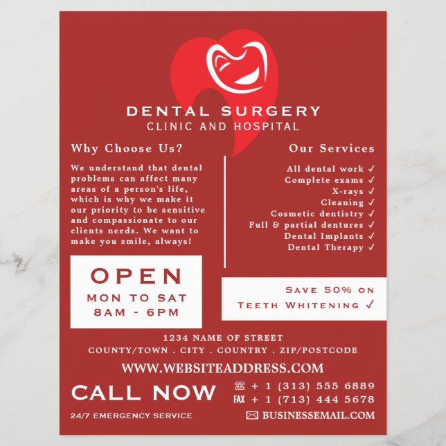 White Hearted Tooth Logo Dentistry, Dentist Advert Flyer (Front)