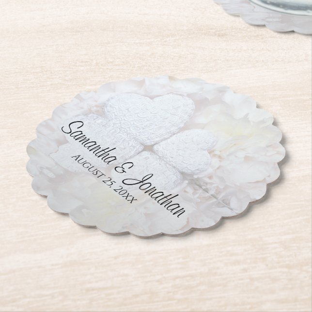 White Hearts and Peony Flowers Wedding Paper Coaster (Angled)