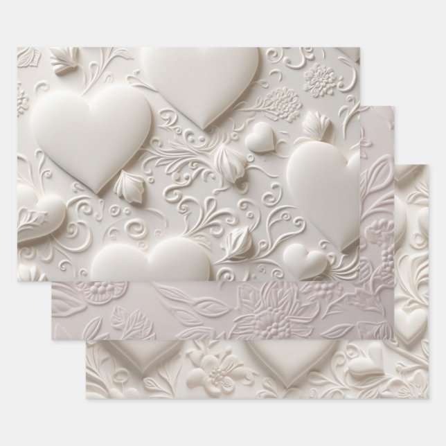 White Hearts (Embossed Look)  Wrapping Paper Sheet (Set)