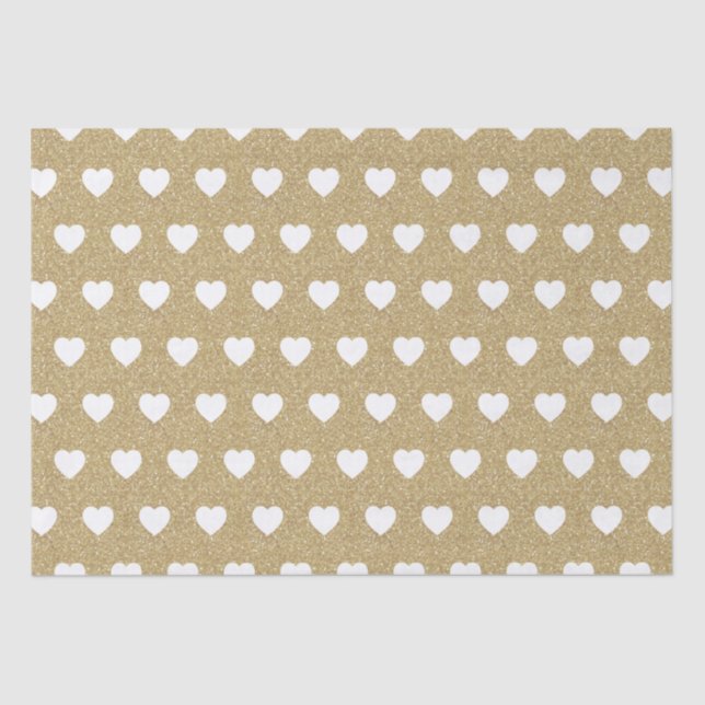 White Hearts, Gold Glitter Sparkles Tissue Paper (Front)