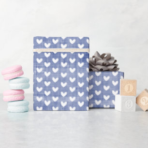 White Hearts on Dark Blue Linen Wrapping Paper
