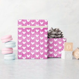 White Hearts on Magenta Pink Linen Wrapping Paper