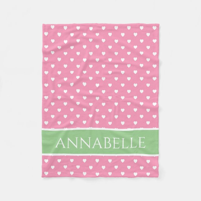 White Hearts on Pink With Green Personalised Fleece Blanket (Front)