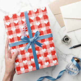 White Hearts On Quilted Gingham Wrapping Paper