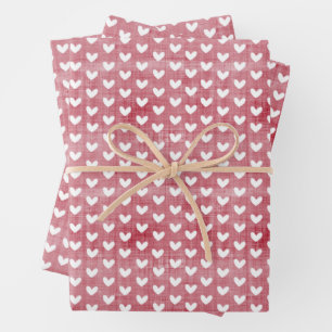 White Hearts on Red Linen Wrapping Paper Sheet