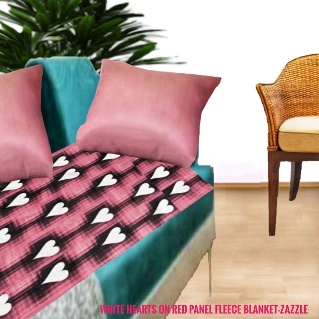 White Hearts On Red Panel Fleece Blanket (Creator Uploaded)