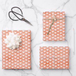 White Hearts on Tangerine Linen Wrapping Paper Sheet