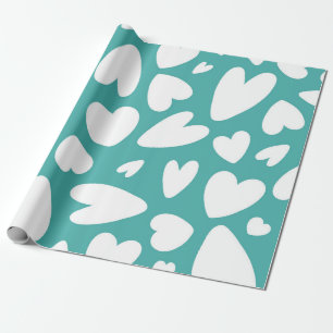 White Hearts on Turquoise Pattern Wrapping Paper
