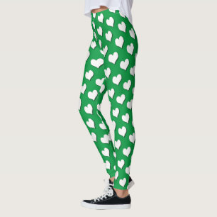 White Hearts Pattern on Kelly Green Leggings