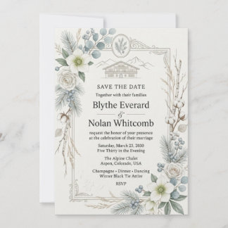 White Hellebores, Roses, Pine Needles, Berries, Co Invitation