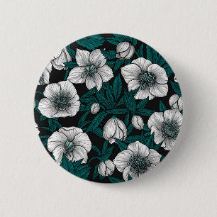 White Hellebores with blue leaves 6 Cm Round Badge