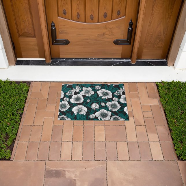 White Hellebores with blue leaves Doormat (Outdoor)
