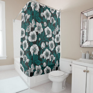 White Hellebores with blue leaves Shower Curtain