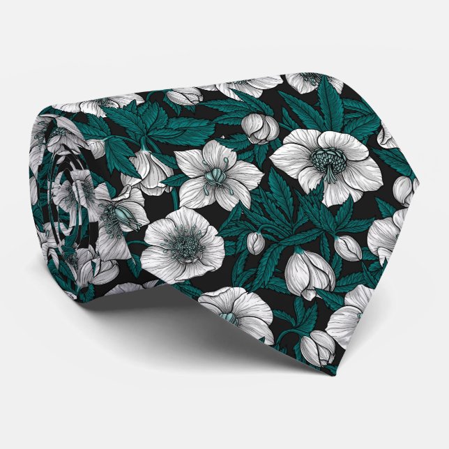 White Hellebores with blue leaves Tie (Rolled)