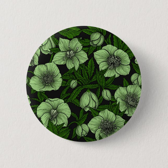 White Hellebores with leaves 6 Cm Round Badge (Front)