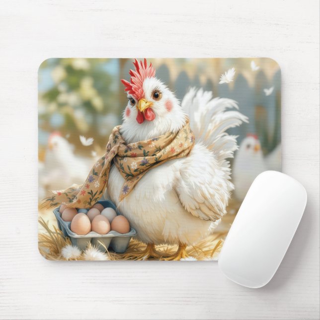 White Hen With Eggs In a Carton Mouse Pad (With Mouse)