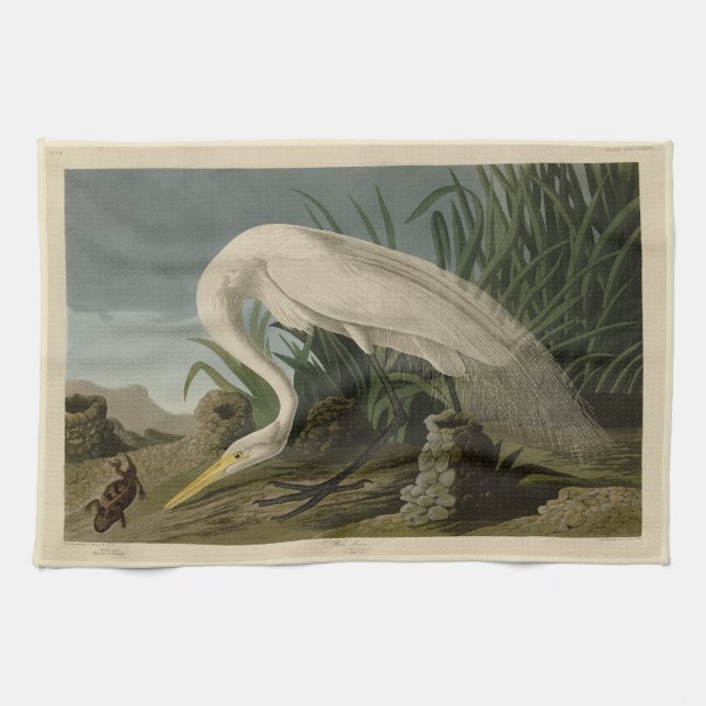 White Heron, Great Egret, Audubon Birds of America Tea Towel (Horizontal)