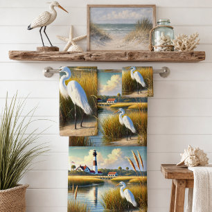White Heron Marsh and Lighthouse Bath Towel Set