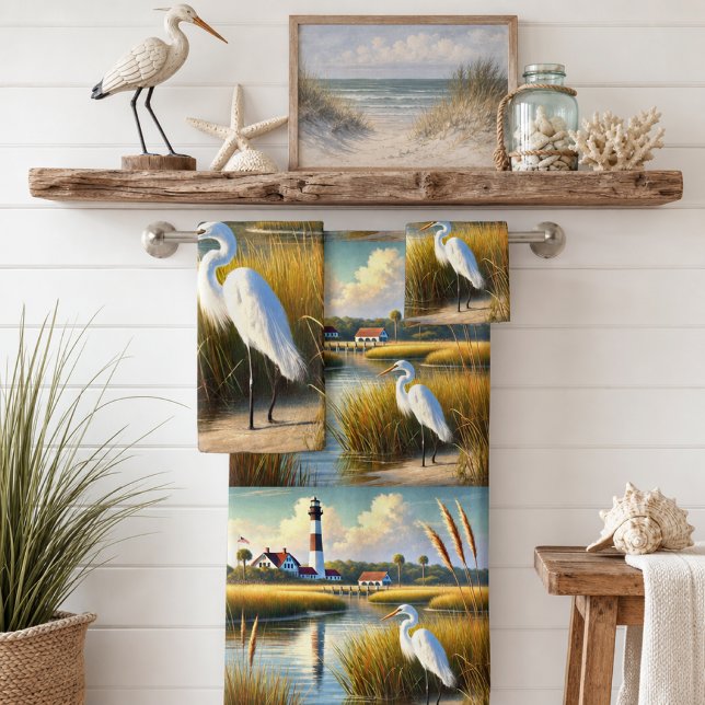 White Heron Marsh and Lighthouse Bath Towel Set (Creator Uploaded)