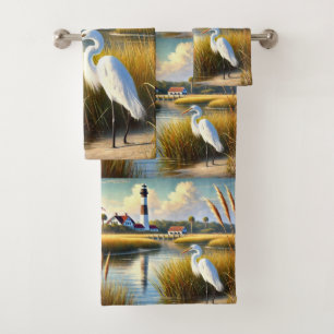 White Heron Marsh and Lighthouse Bath Towel Set