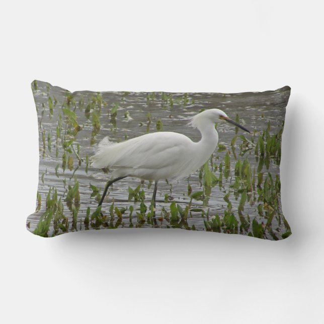White Heron Photo with Greens Lake Wading Bird Lumbar Cushion (Front)
