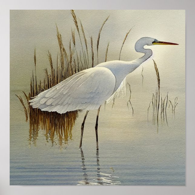 White Heron Watercolour Painting  Poster (Front)