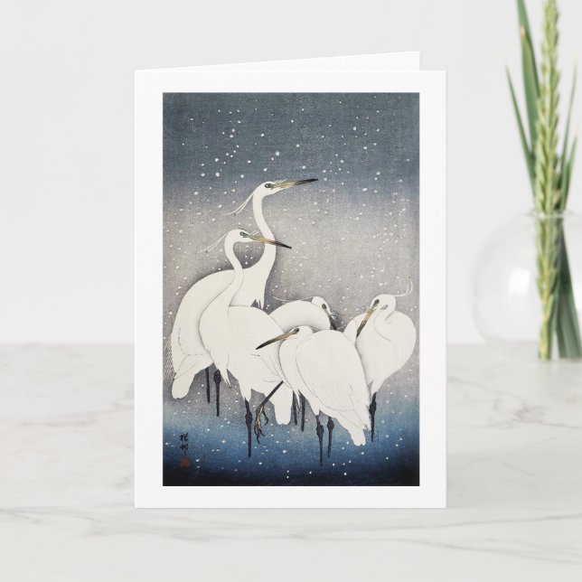 White Herons in the Snow, Ohara Koson, Woodcut Card (Front)