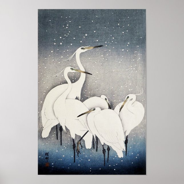 White Herons in the Snow, Ohara Koson, Woodcut Poster (Front)