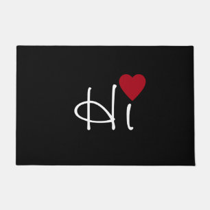 White Hi with Dark Red Heart on Black Doormat