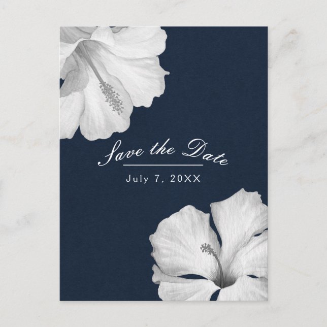 White Hibiscus Blue Tropical Save the Date Announcement Postcard (Front)