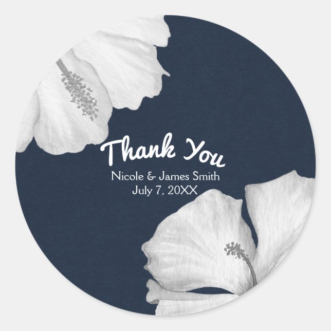 White Hibiscus Blue Tropical Wedding Favour Classic Round Sticker (Front)