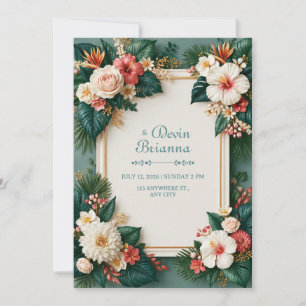 White Hibiscus Emerald Tropical Border Wedding Invitation